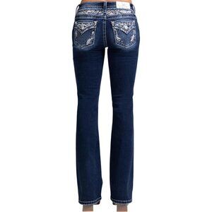 Women's Embellished Faux Flap Pockets Bootcut Jeans Mid-Rise Rhinestone Logo